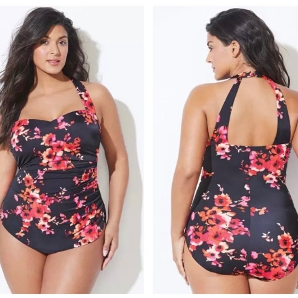 Swimsuits For All Floral One Piece Swimsuit Black Pink Ruched Halter Size 24